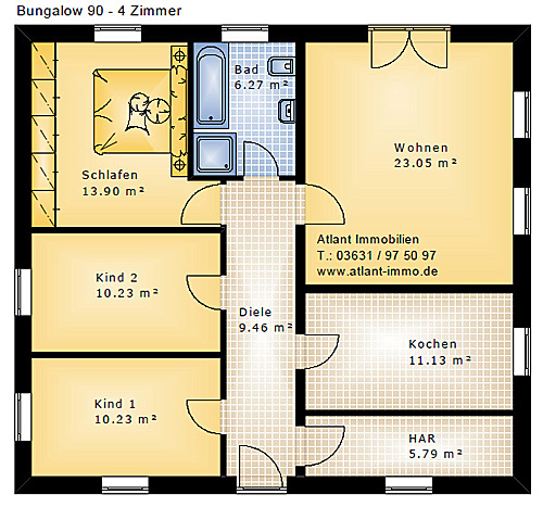 Bungalow mit 90 qm Wohnfläche und vier Zimmern Grundriss 1