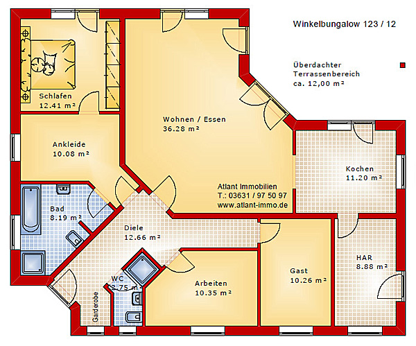 Winkelbungalow Einfamilienhaus 123 qm Wohnfläche plus 12 qm überdachter Terrassenbereich Grundriss